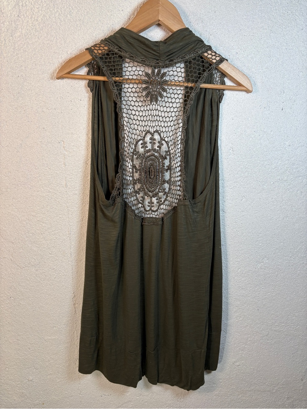Crochet Back Open Front Shawl Collar Long Vest Boho Hippie Macrame Festival Sz S